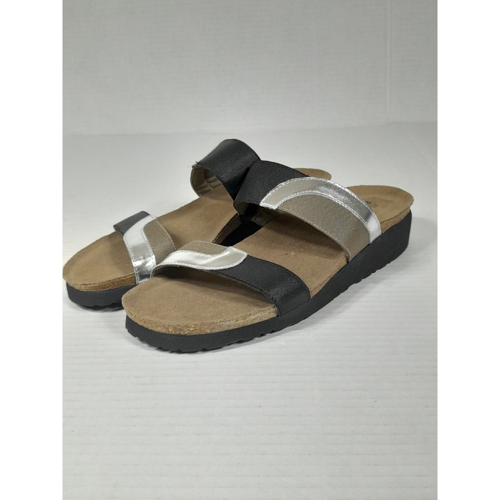 NAOT Frankie Sz 38 TWO STRAP METALLIC Leather  SLIDES WEDGES Black Gold Women 7